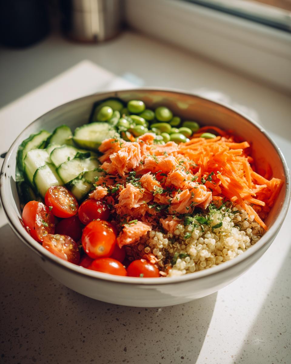 A vibrant salmon power bowl featuring quinoa, shredded carrots, edamame, cherry tomatoes, and cucumber slices, perfect for healthy lunch ideas.