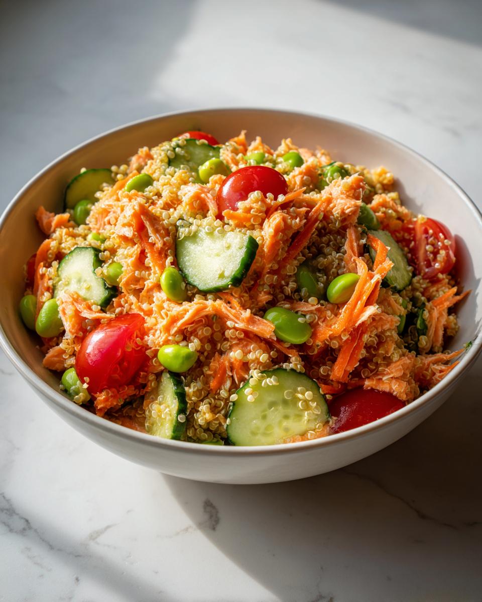 A close-up of a healthy salmon power bowl filled with quinoa, shredded carrots, edamame, cucumber slices, and cherry tomatoes.