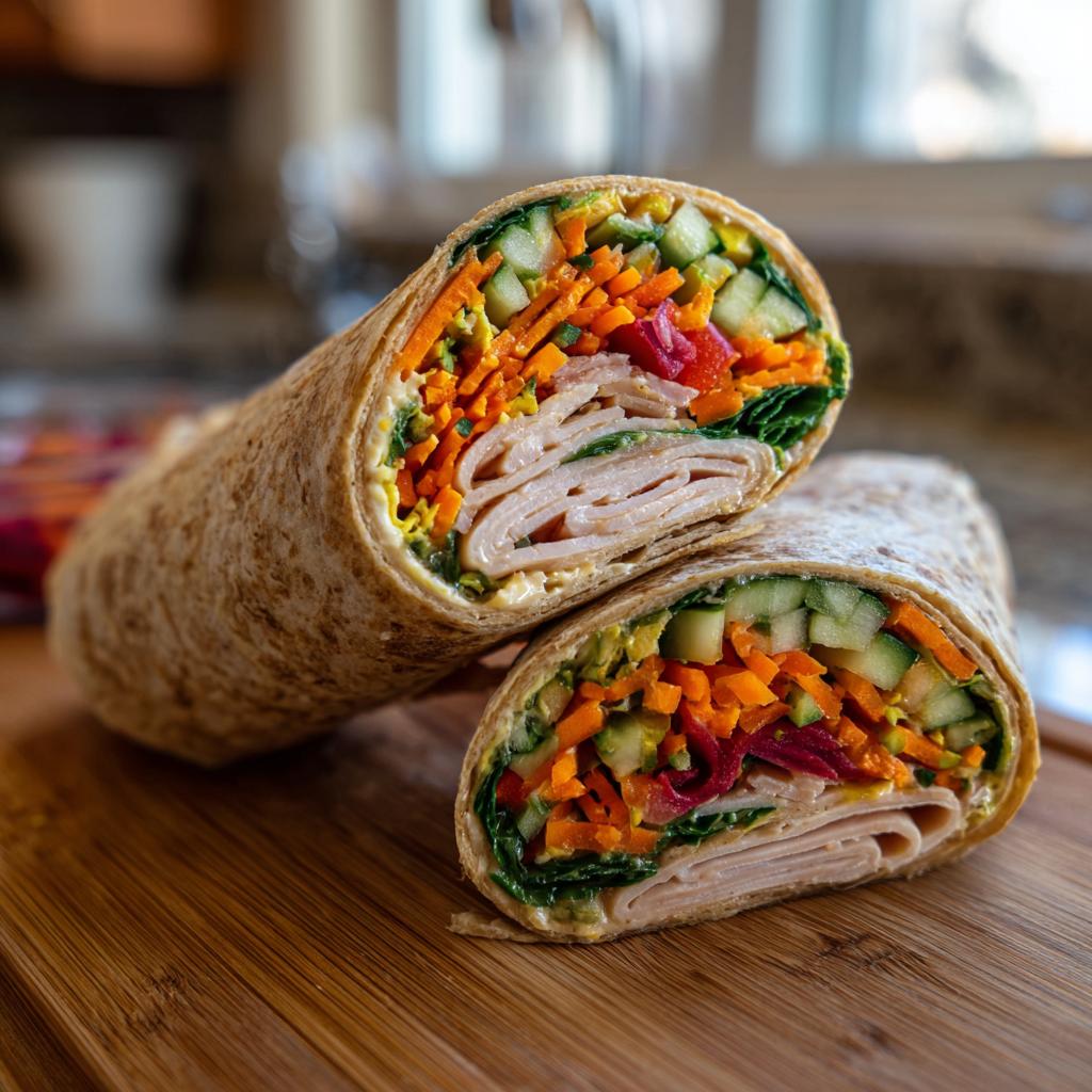 A healthy turkey wrap cut in half, showcasing layers of turkey, spinach, shredded carrots, cucumber, and red pepper.