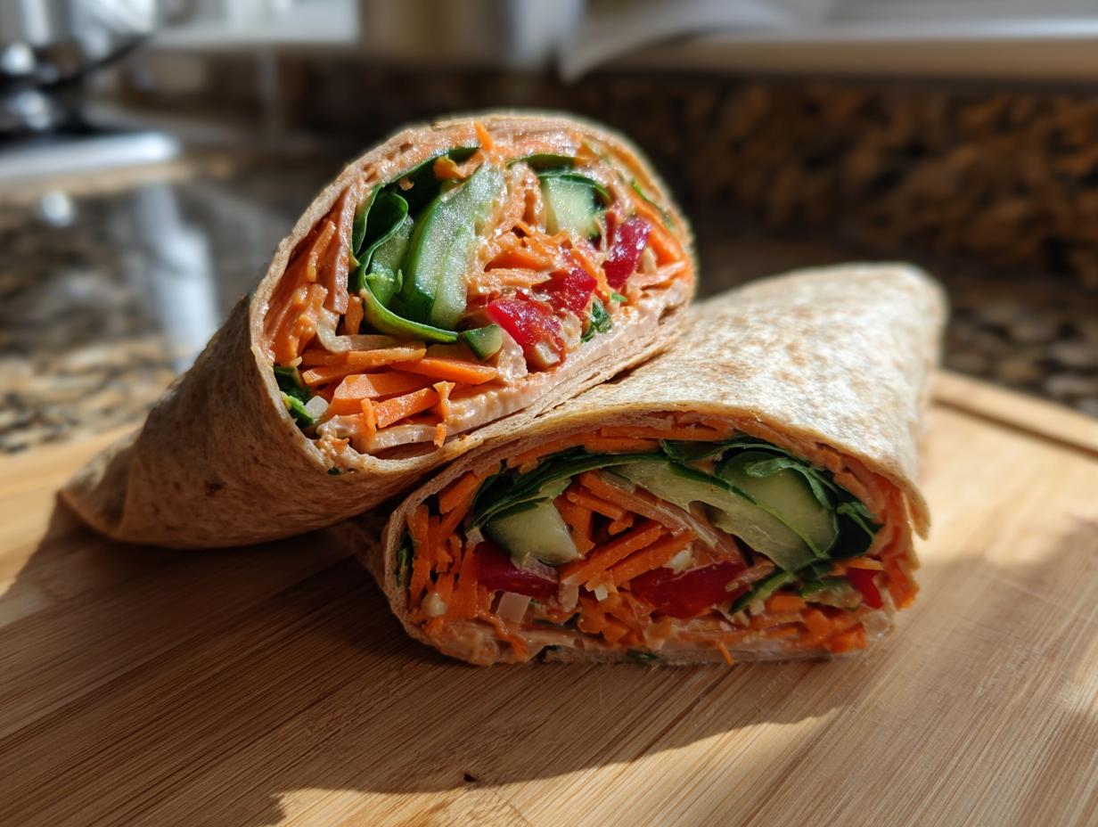 A healthy turkey wrap cut in half, showcasing shredded carrots, cucumber, spinach, and red pepper, perfect for healthy lunch ideas.