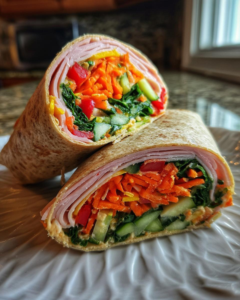 A healthy turkey wrap cut in half, revealing layers of turkey, shredded carrots, cucumber, spinach, and bell peppers.