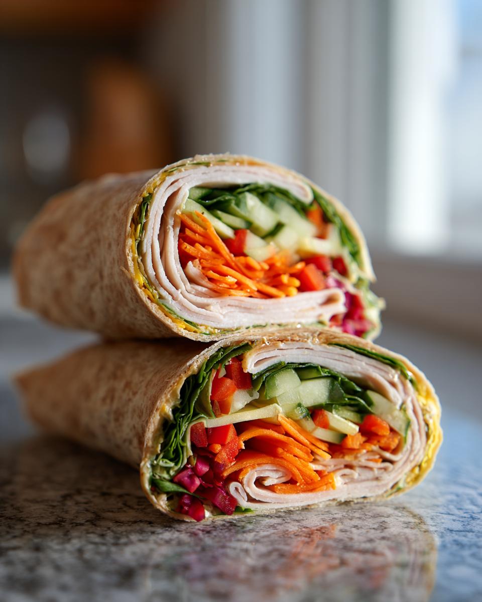 Two halves of a healthy turkey wrap packed with sliced turkey, shredded carrots, cucumber, bell peppers, and lettuce.