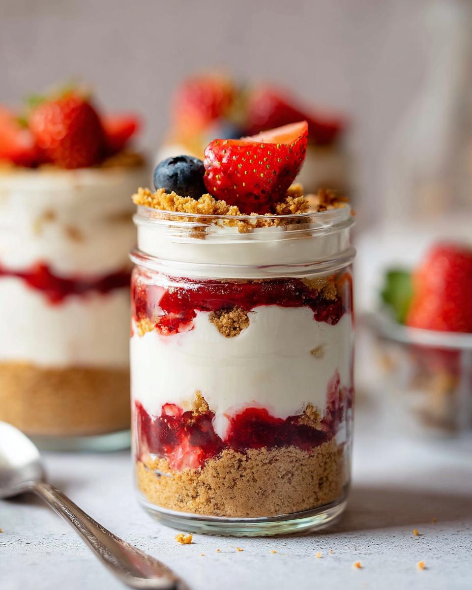 Close-up of a High Protein Cheesecake Jar layered with graham cracker crumbs, creamy filling, and strawberry compote, topped with fresh berries.