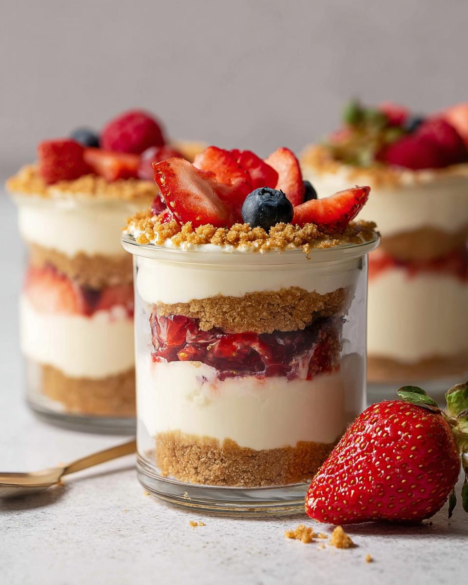 Close-up of a High Protein Cheesecake Jar layered with crushed cookies, creamy filling, and fresh strawberries and blueberries.