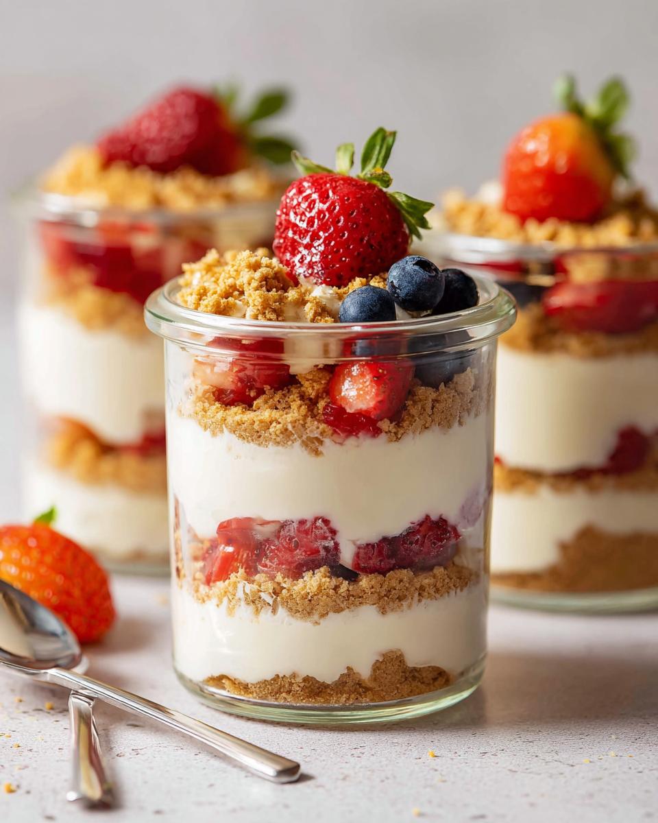 Close-up of a High Protein Cheesecake Jar layered with creamy filling, crushed cookies, and fresh strawberries and blueberries.