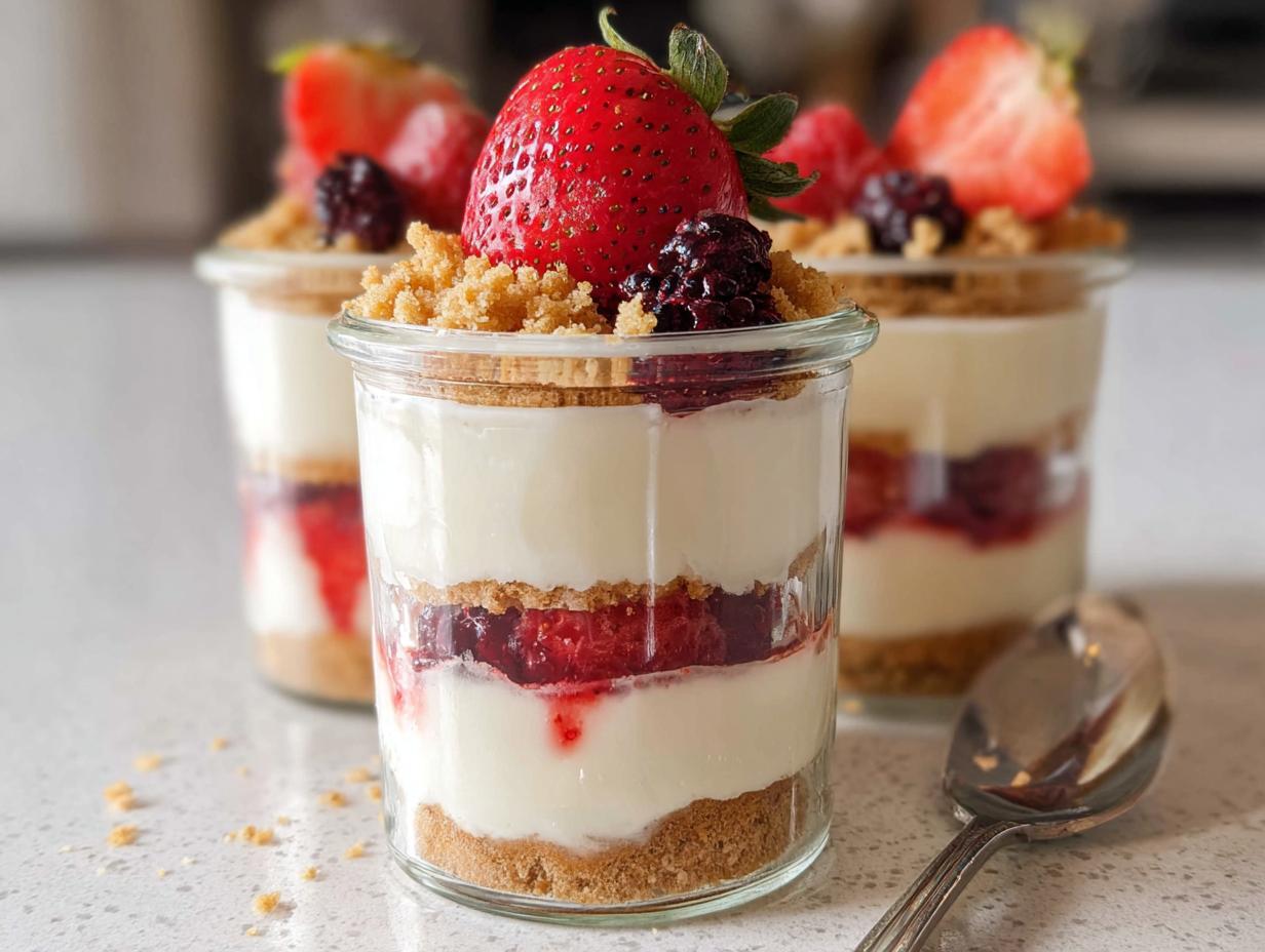 Close-up of a High Protein Cheesecake Jar layered with cream, berries, and crumble, topped with fresh strawberries and blackberries.