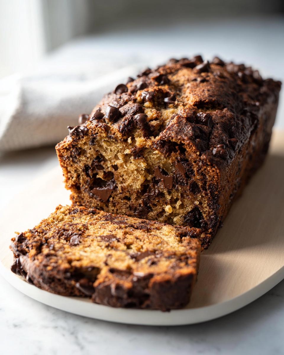 A loaf of High Protein Chocolate Banana Bread, with a slice cut and showing abundant chocolate chips throughout.