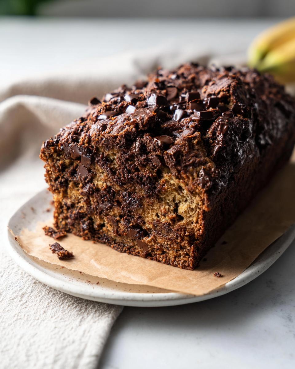 A close-up of a High Protein Chocolate Banana Bread loaf, topped with chocolate chips, on a white plate.