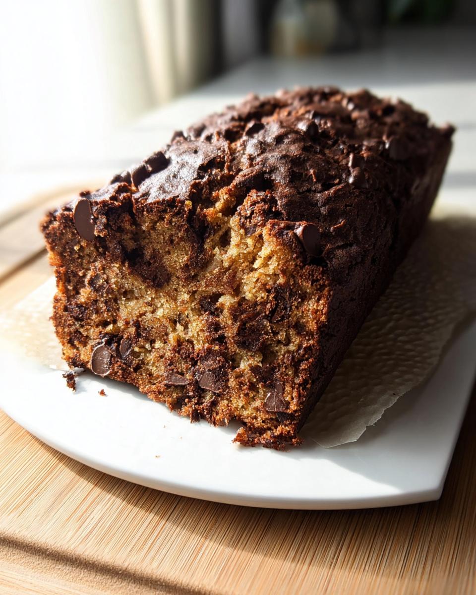 A loaf of High Protein Chocolate Banana Bread studded with chocolate chips, sliced to reveal a moist interior.