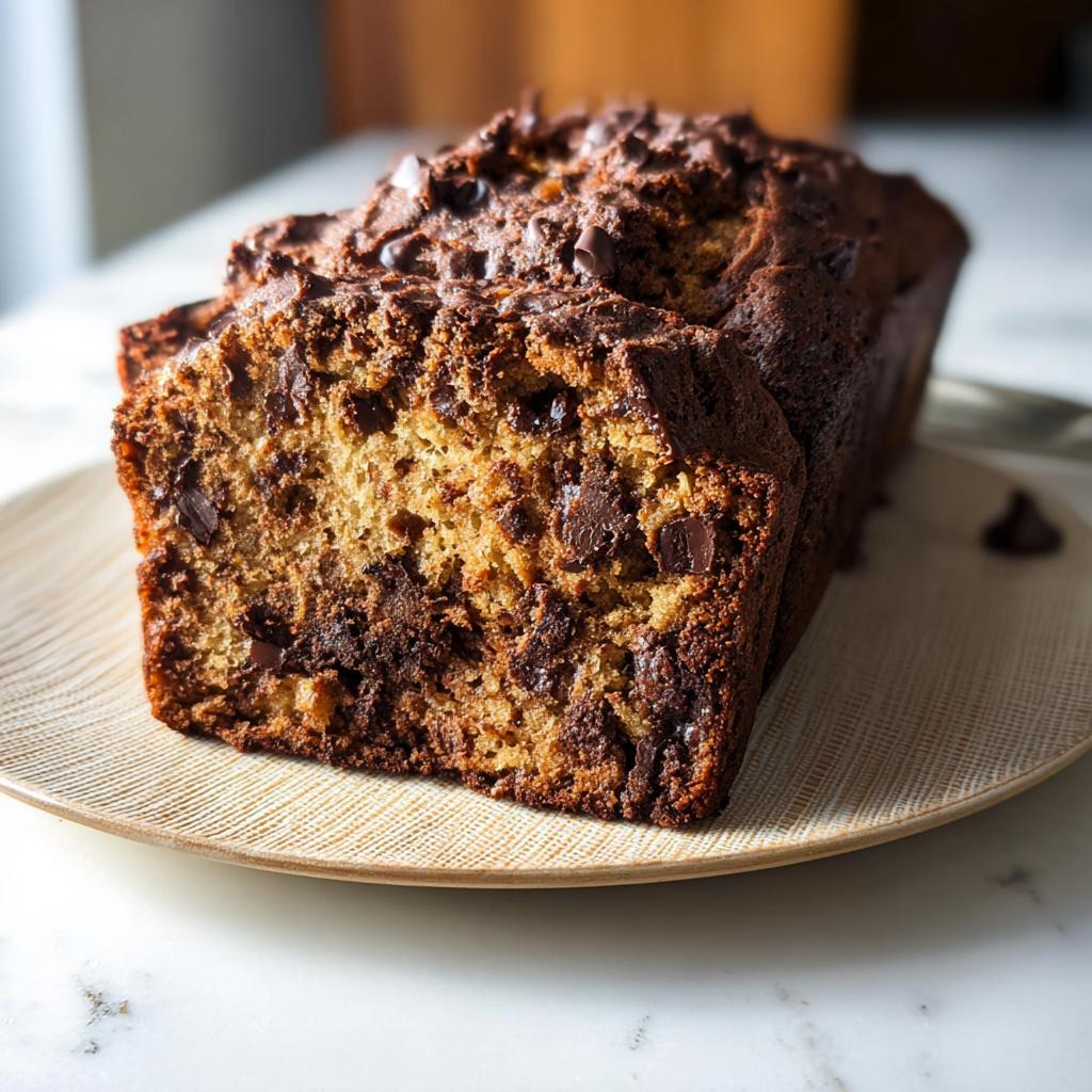 A close-up of a slice of High Protein Chocolate Banana Bread, packed with chocolate chips.