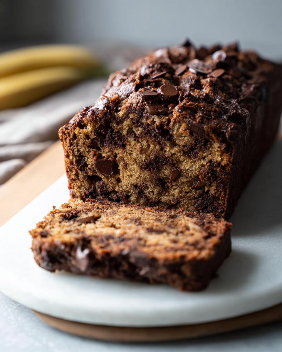 A slice of moist High Protein Chocolate Banana Bread loaded with chocolate chips.