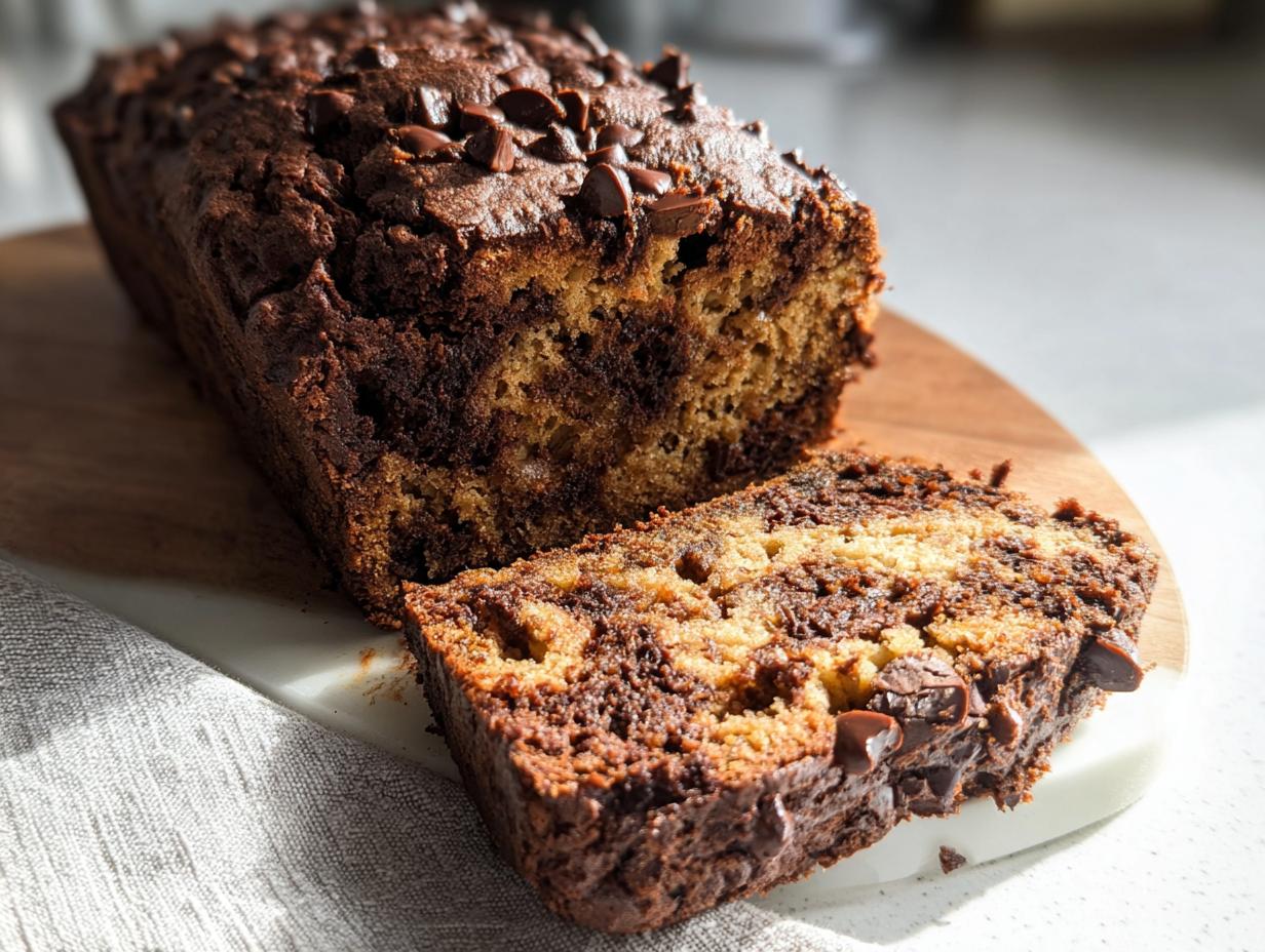 A slice of moist High Protein Chocolate Banana Bread with visible chocolate chips and banana swirls.
