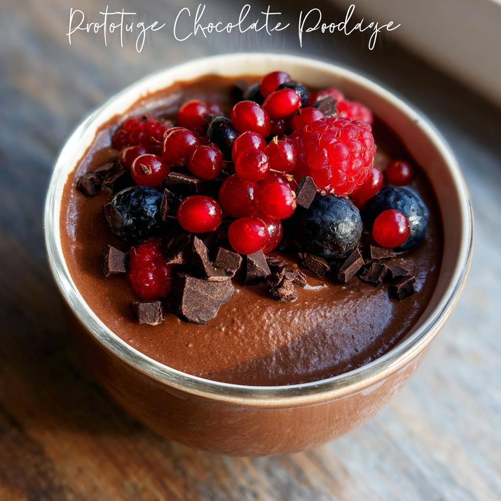 A bowl of rich High Protein Chocolate Pudding topped with fresh berries and chocolate shavings.