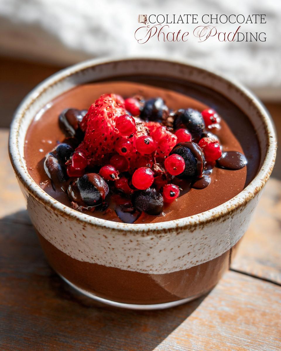 A bowl of rich High Protein Chocolate Pudding topped with fresh strawberries, blueberries, and red currants.