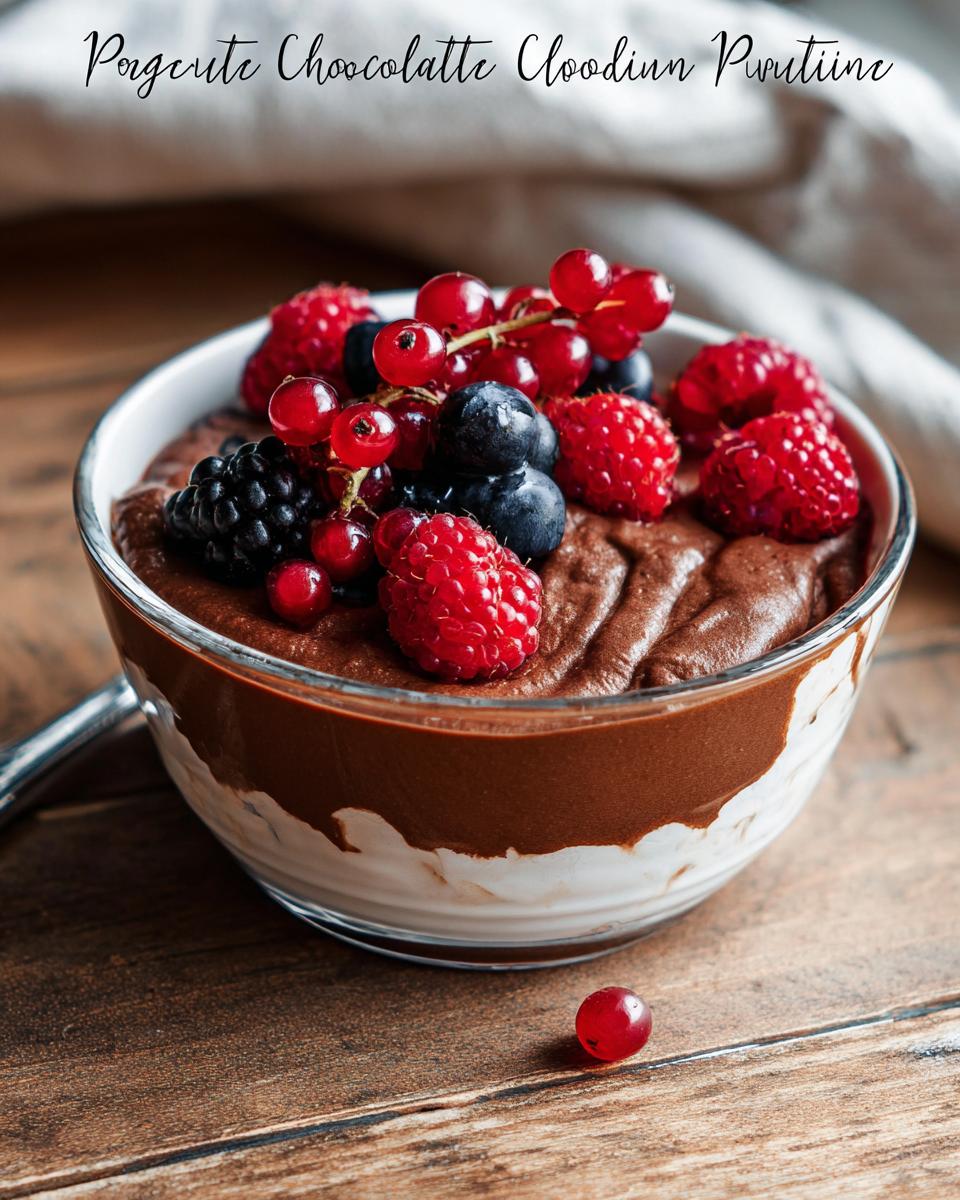 A bowl of delicious High Protein Chocolate Pudding topped with fresh raspberries, blueberries, blackberries, and red currants.