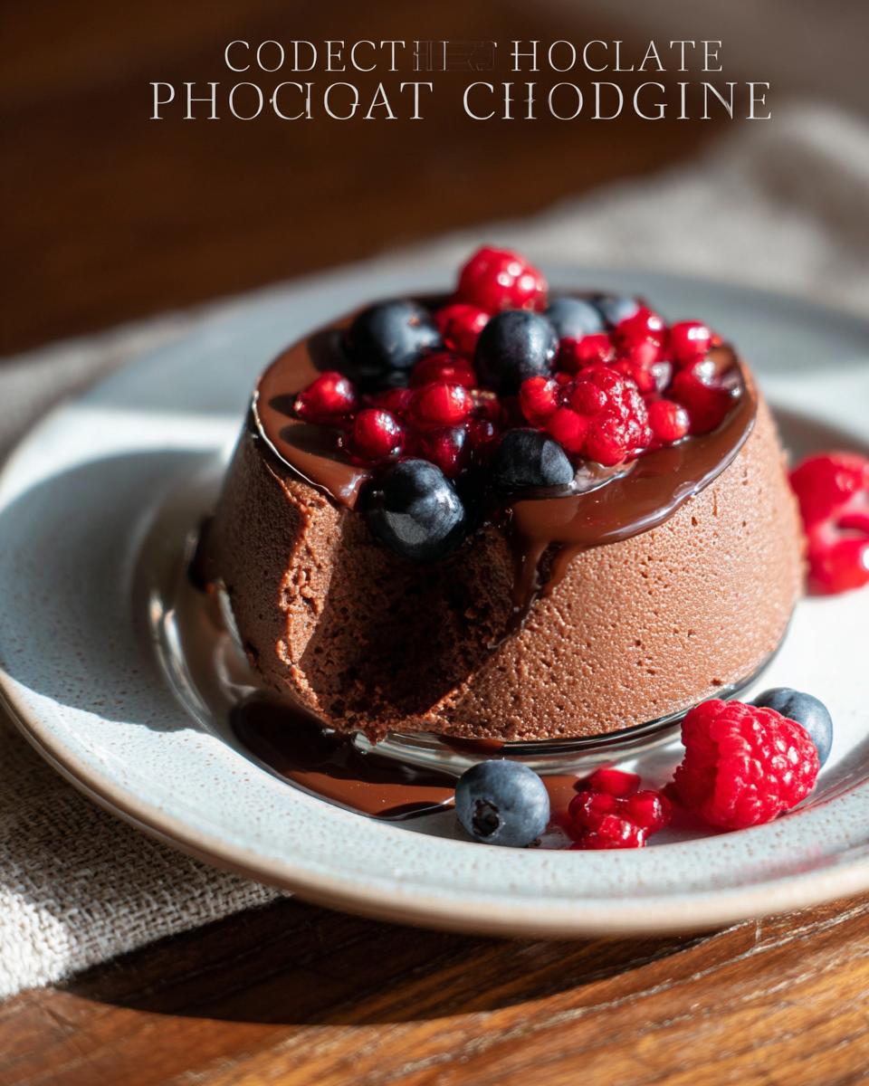 A rich and decadent High Protein Chocolate Pudding topped with fresh blueberries and raspberries, drizzled with chocolate sauce.