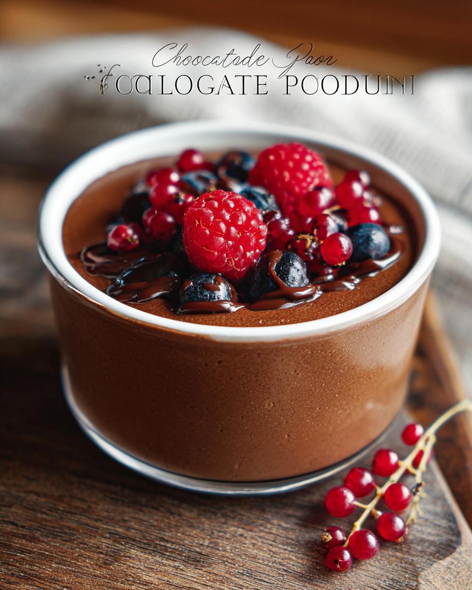 A rich and creamy High Protein Chocolate Pudding topped with fresh raspberries, blueberries, and red currants.