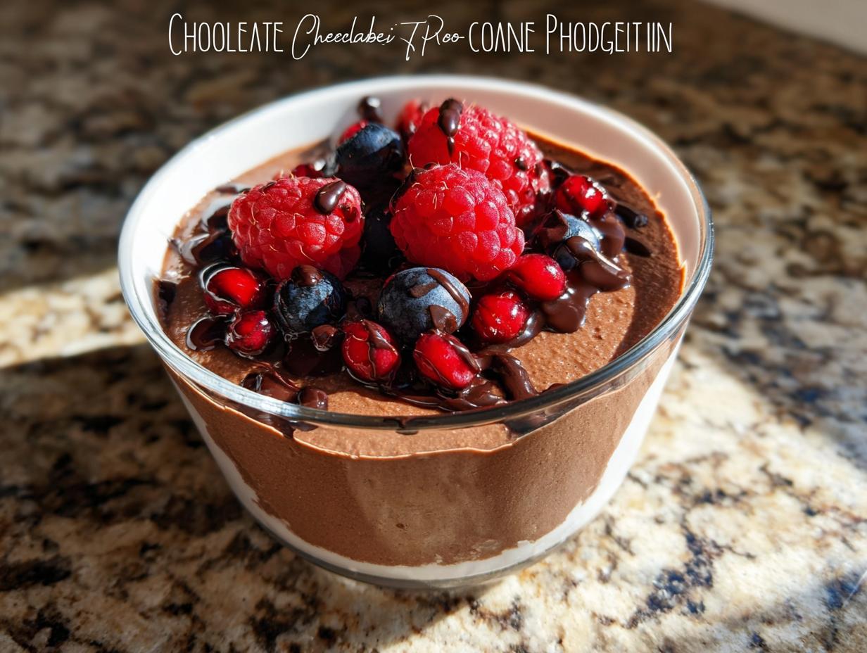 A serving of high protein chocolate pudding topped with fresh raspberries, blueberries, and a drizzle of chocolate sauce.