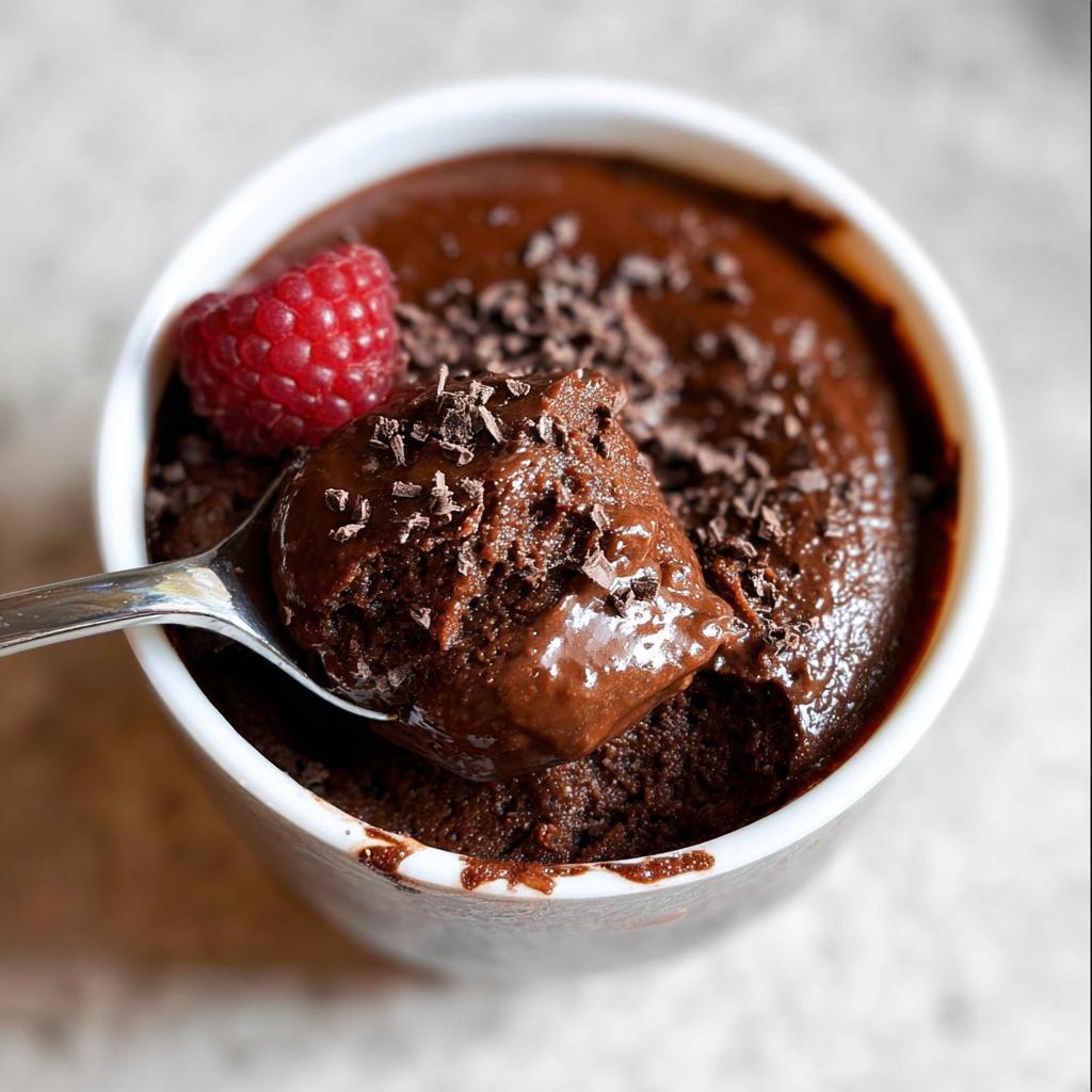 A spoonful of rich High Protein Chocolate Pudding topped with chocolate shavings and a fresh raspberry.
