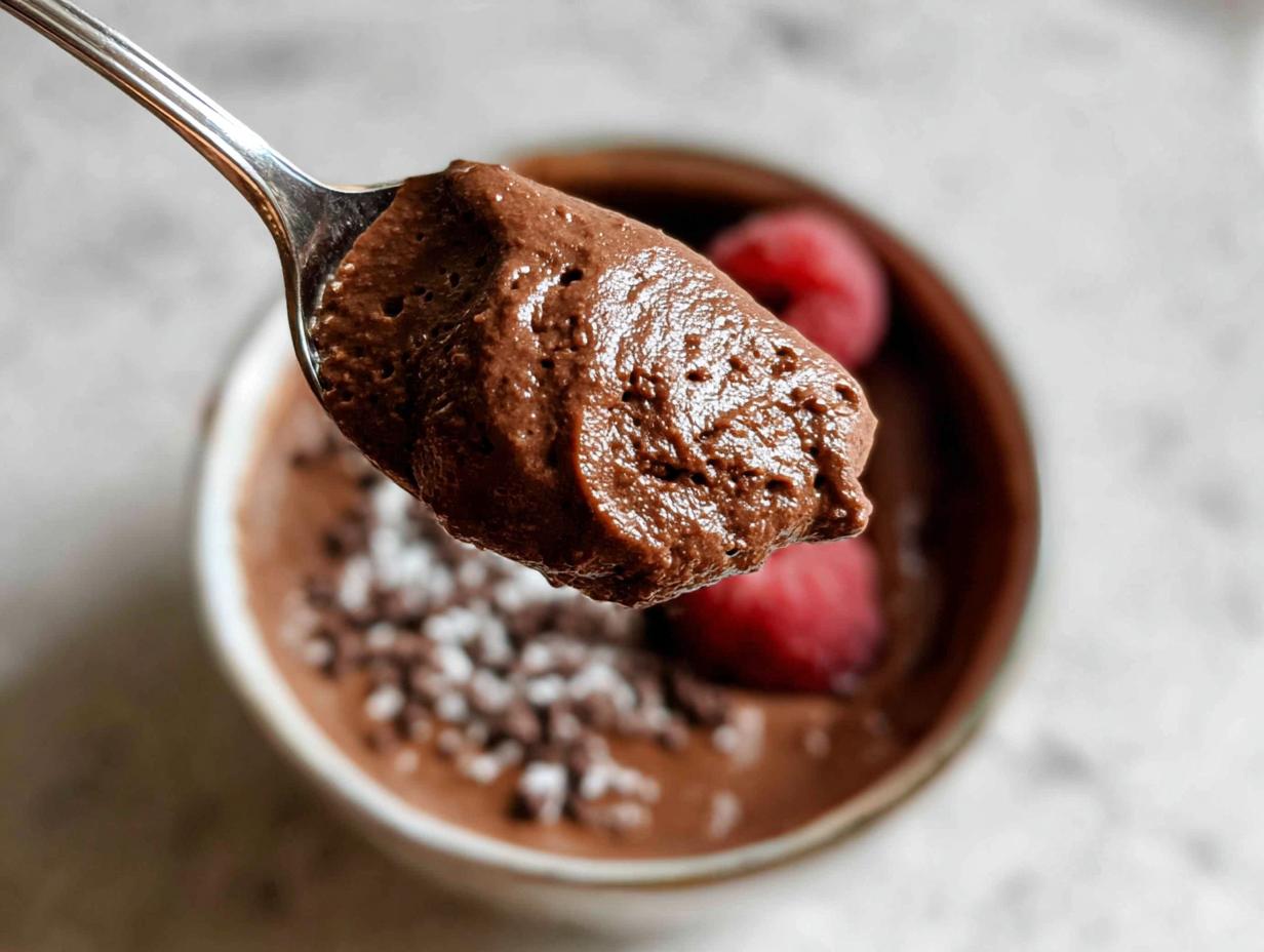A spoonful of rich, decadent High Protein Chocolate Pudding, topped with chocolate shavings and sea salt.