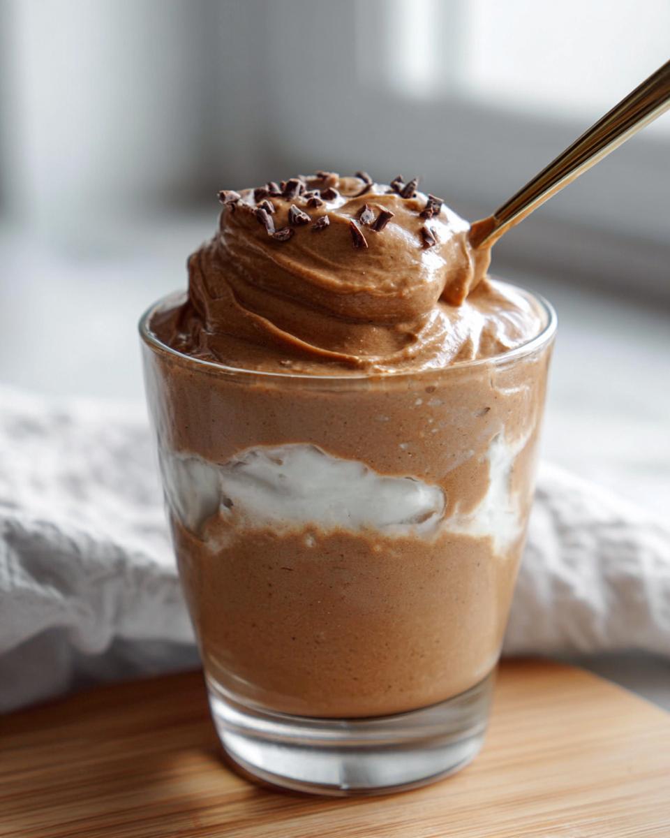 A glass of High-Protein Cottage Cheese Peanut Butter Mousse topped with chocolate shavings, with a spoon taking a bite.