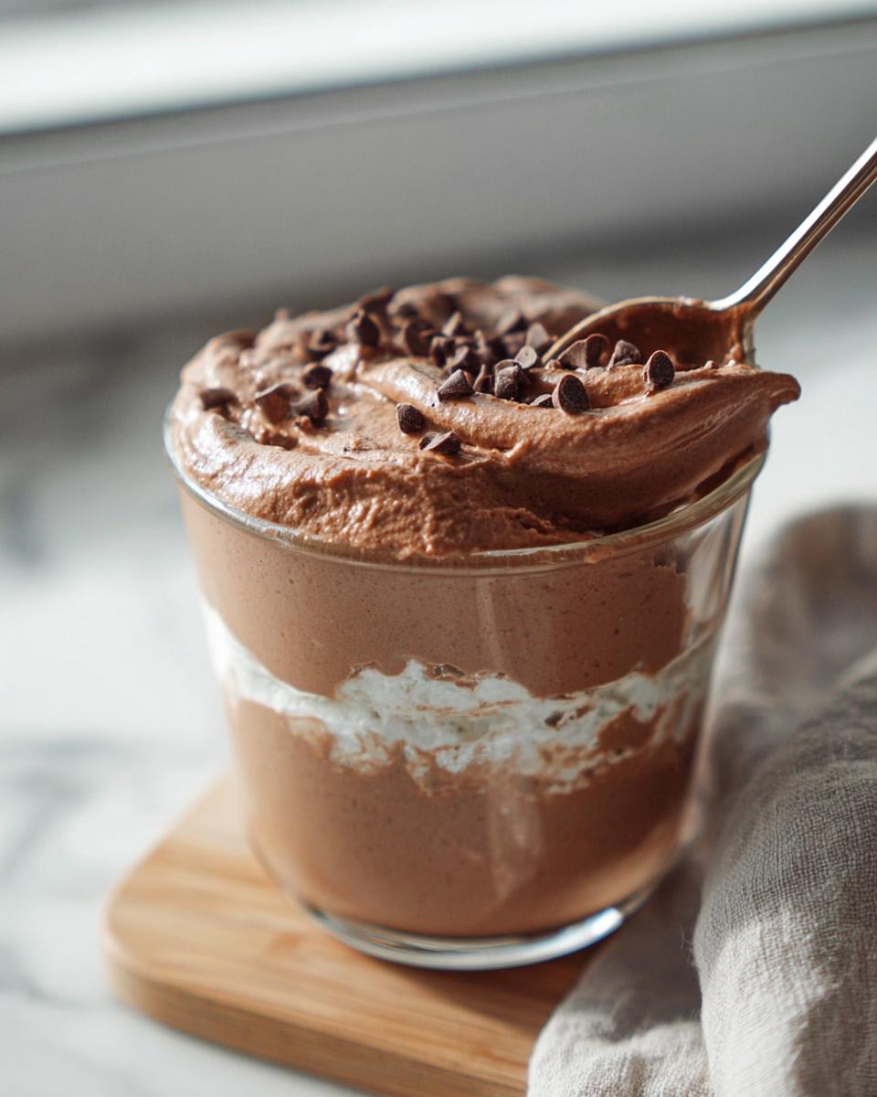 A glass of High-Protein Cottage Cheese Peanut Butter Mousse topped with chocolate chips, with a spoon taking a bite.