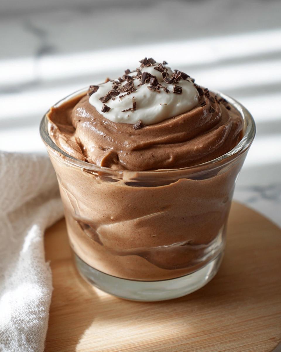 A decadent serving of High-Protein Cottage Cheese Peanut Butter Mousse topped with whipped cream and chocolate shavings.