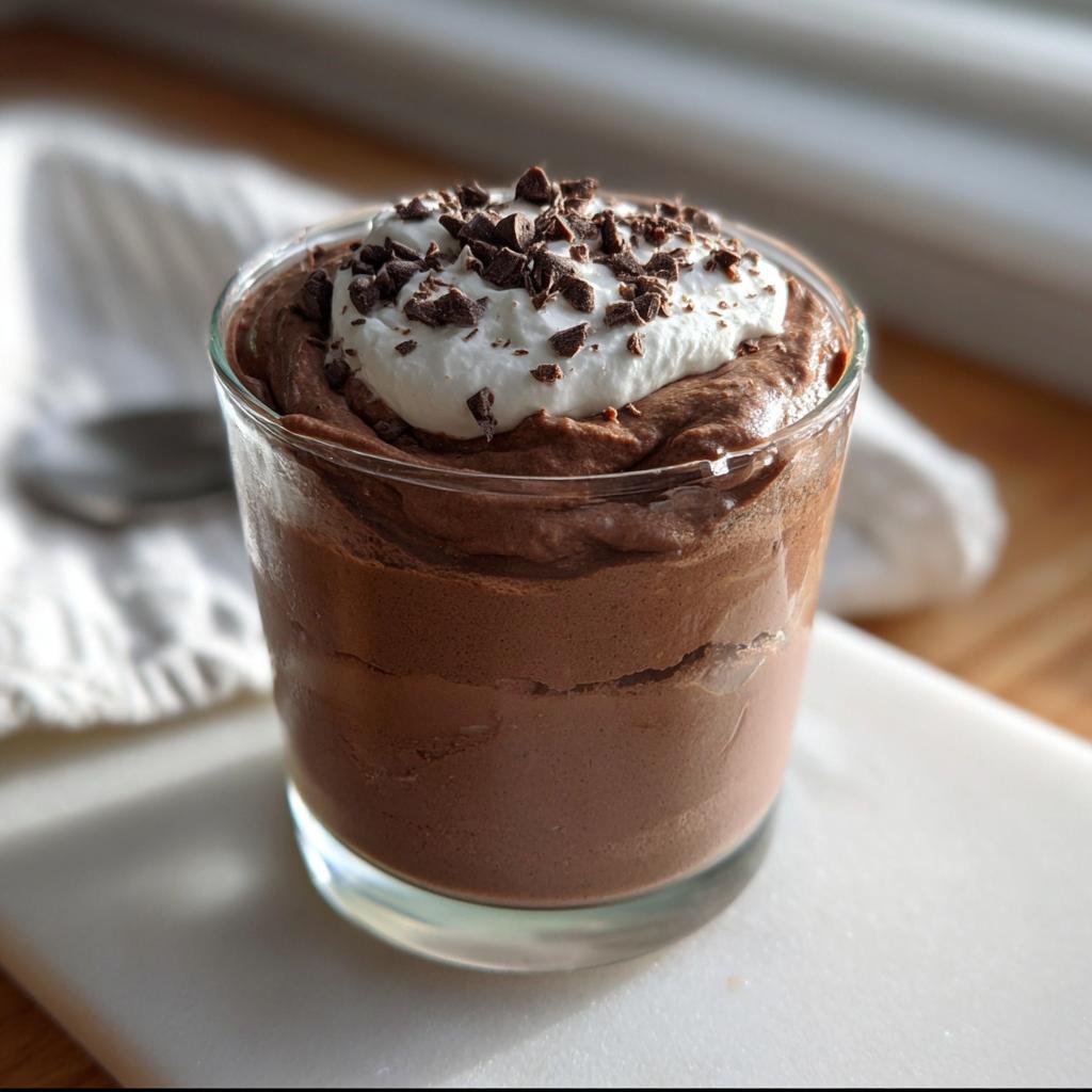 A serving of rich chocolate High-Protein Cottage Cheese Peanut Butter Mousse topped with whipped cream and chocolate shavings.