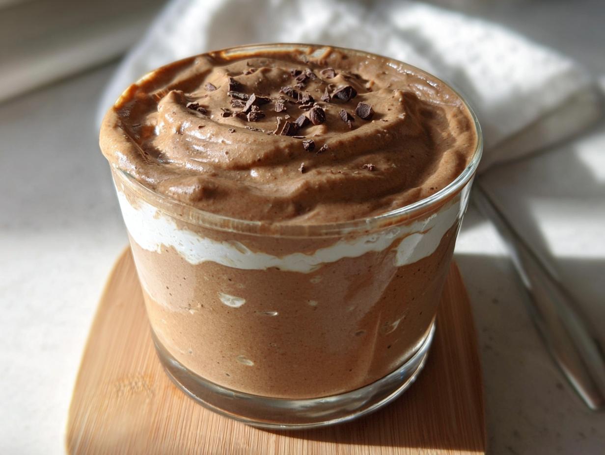 A glass of High-Protein Cottage Cheese Peanut Butter Mousse topped with chocolate shavings.