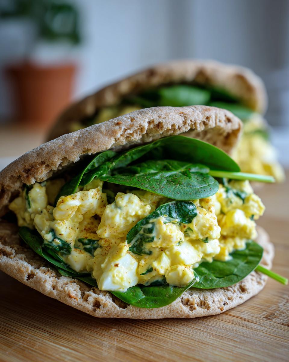 Close-up of a whole wheat pita pocket stuffed with creamy egg salad and fresh spinach leaves, part of healthy lunch ideas.