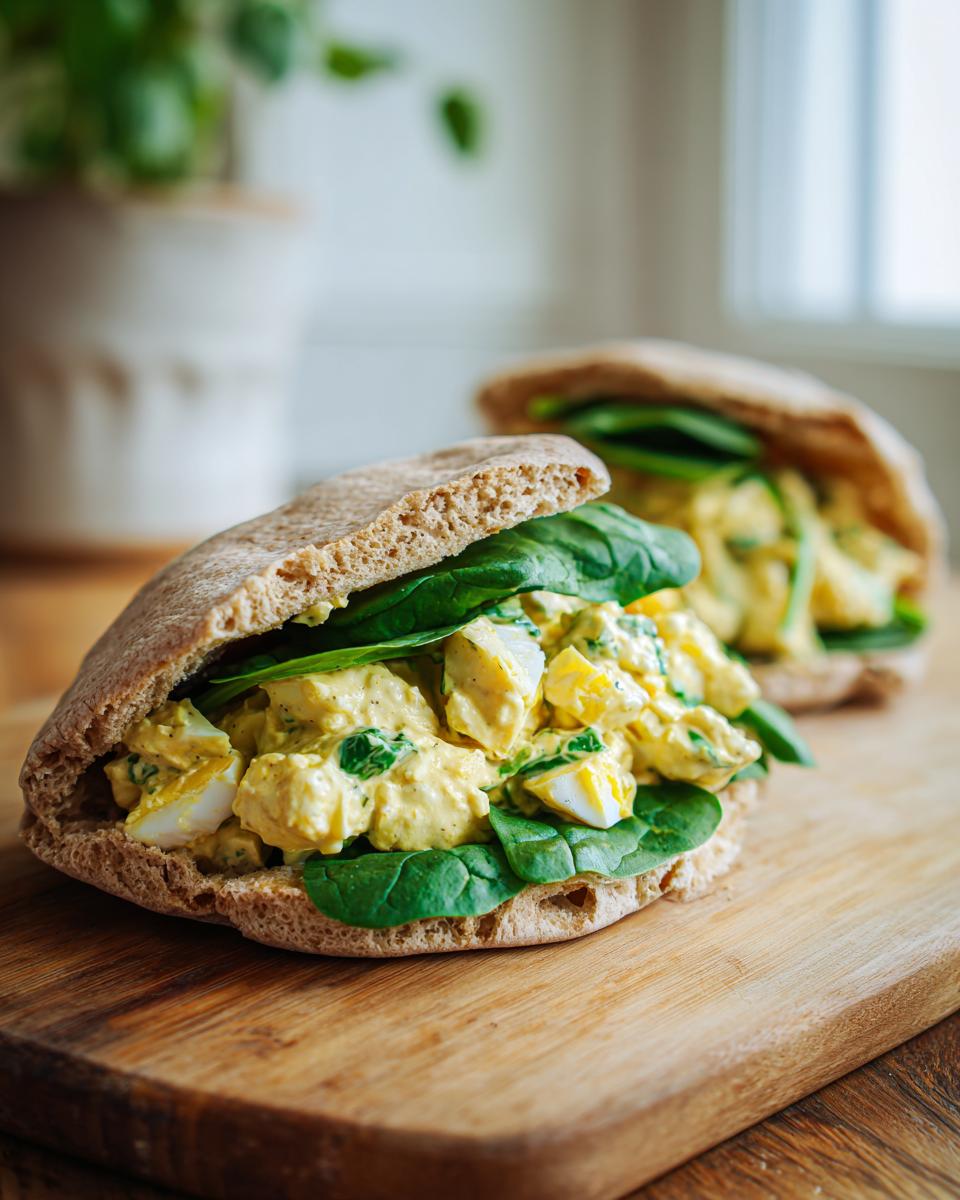 Close-up of a healthy lunch idea: high protein egg salad stuffed into a pita with fresh spinach.