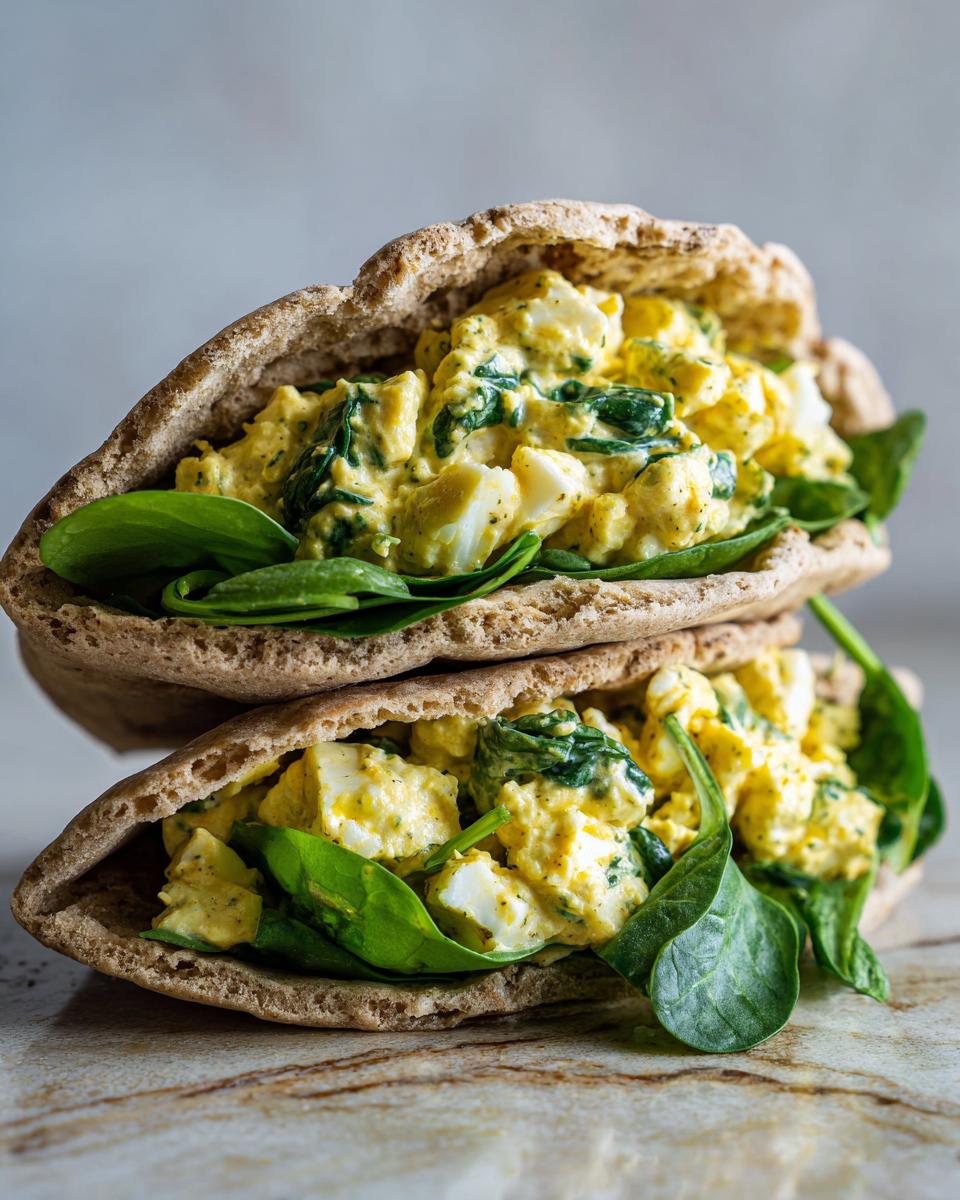 Two whole wheat pitas stuffed with creamy egg salad and fresh spinach, a perfect high protein lunch.