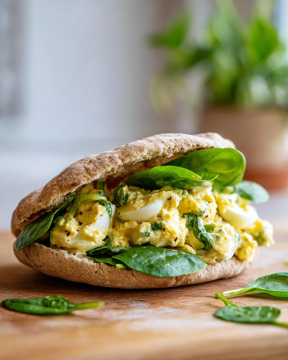 A whole wheat pita pocket stuffed with creamy egg salad and fresh spinach, a perfect healthy lunch idea.