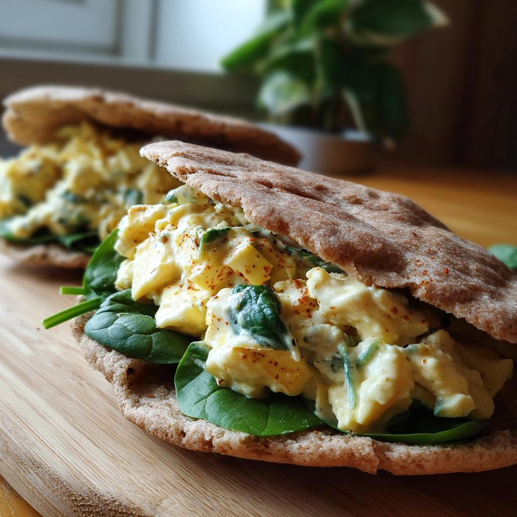 Two whole wheat pitas stuffed with creamy high protein egg salad and fresh spinach.