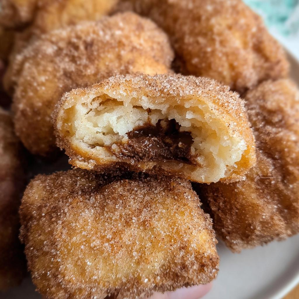 Close-up of a homemade churro bite, split open to reveal a rich Nutella filling.