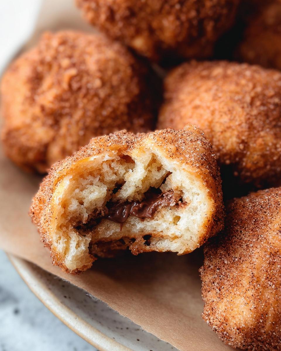 Close-up of a Homemade Churro Bite with Nutella, showing the gooey chocolate filling.