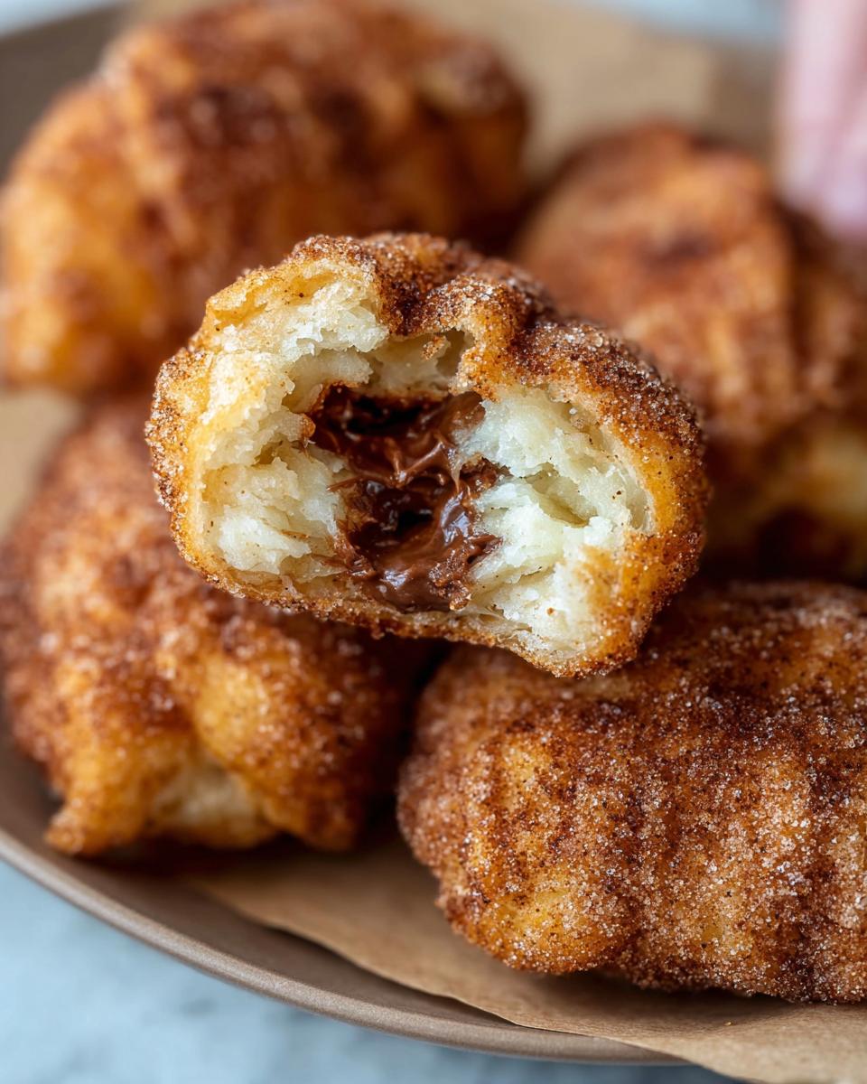 Close-up of a homemade churro bite, split open to reveal a gooey Nutella filling. Coated in cinnamon sugar.