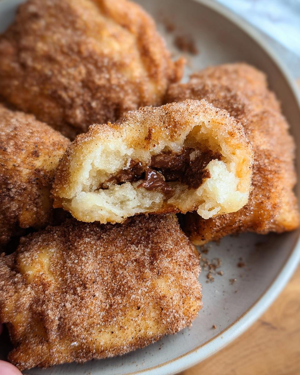 Close-up of a Homemade Churro Bite with Nutella, showing a fluffy interior filled with melted chocolate.