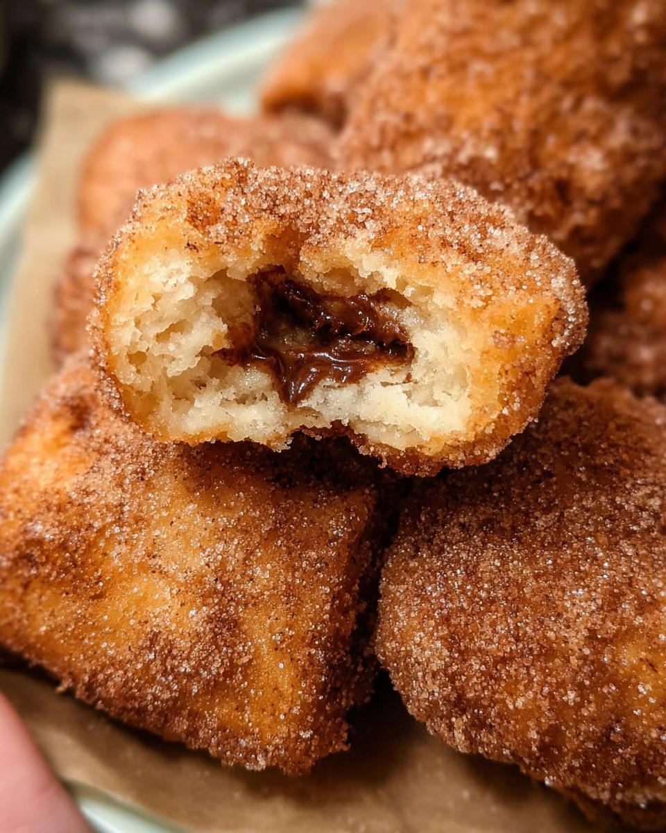 Close-up of a homemade churro bite, cut in half, revealing a gooey Nutella filling. Coated in cinnamon sugar.
