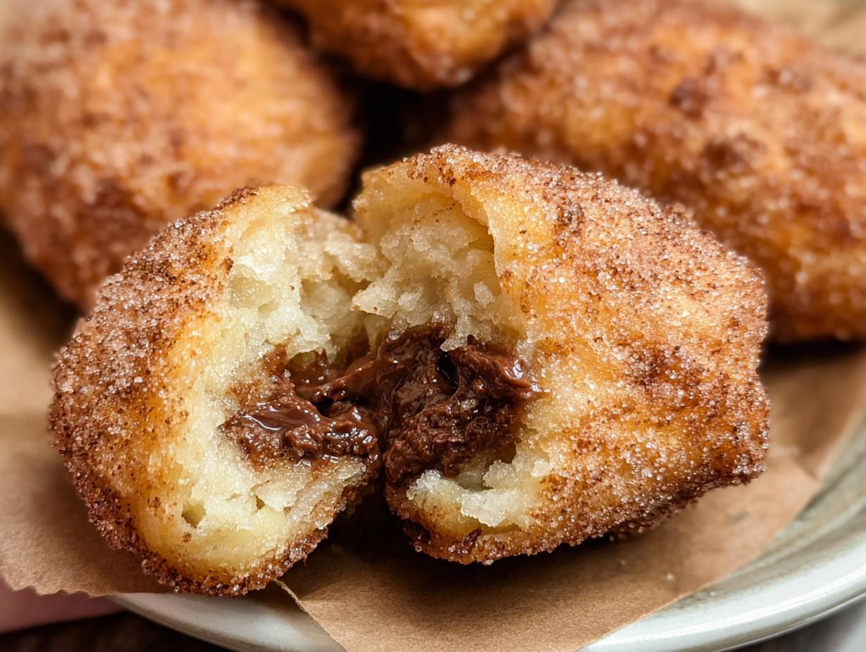 Close-up of a homemade churro bite cut in half, revealing a gooey Nutella filling and coated in cinnamon sugar.