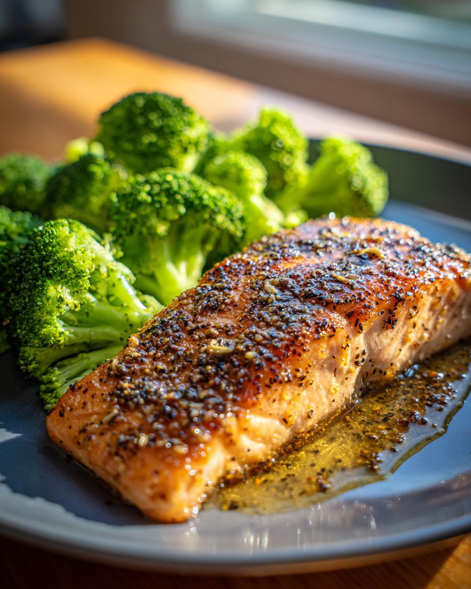 A close-up shot of a perfectly cooked honey garlic salmon fillet served with steamed broccoli, showcasing the glaze and seasoning.