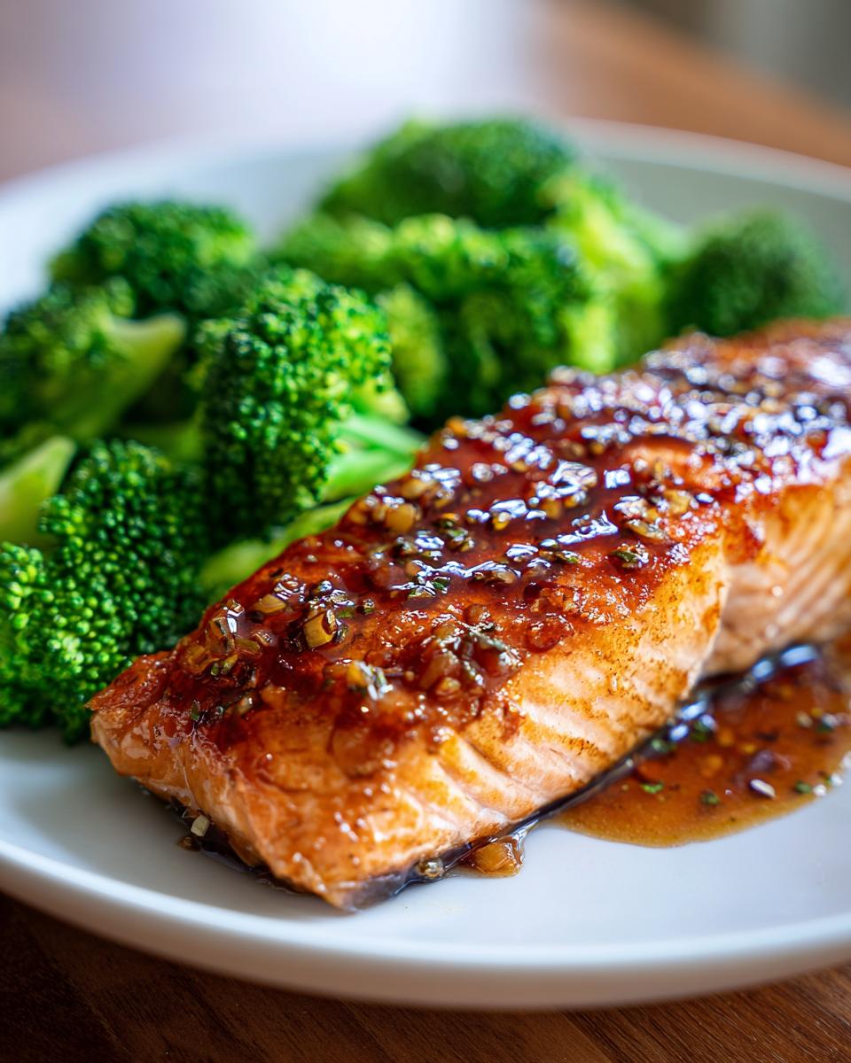 A close-up of a perfectly cooked honey garlic salmon fillet served with steamed broccoli, a delicious and easy dinner recipe.