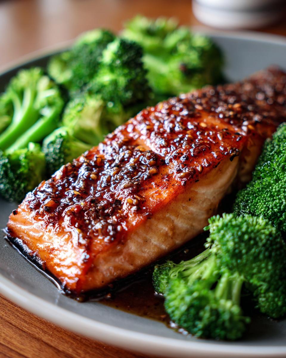 A close-up of a perfectly cooked honey garlic salmon fillet served with steamed broccoli, showcasing the glossy glaze.
