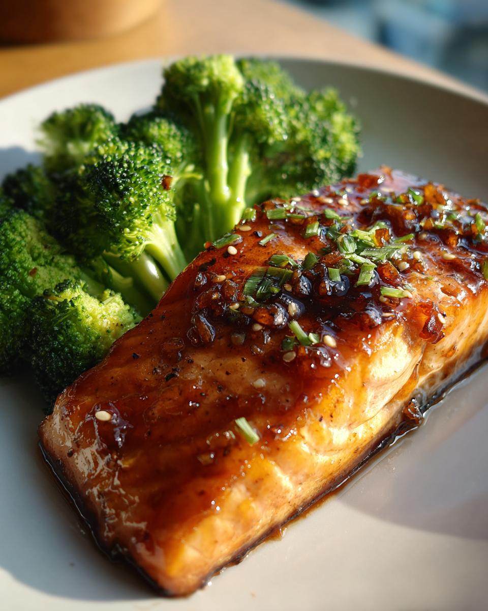 A glistening fillet of honey garlic salmon served with steamed broccoli, a perfect example of easy dinner recipes.