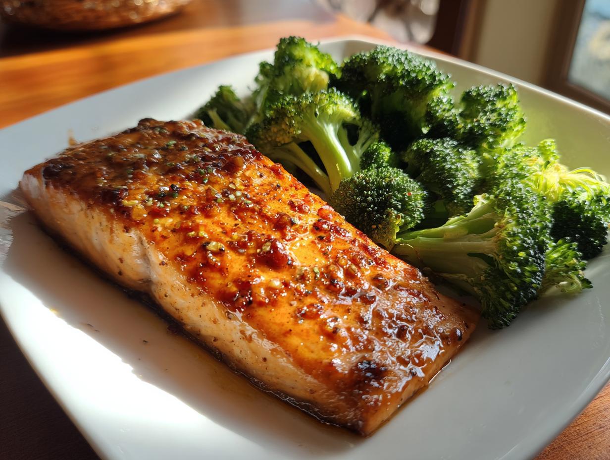 A perfectly cooked fillet of honey garlic salmon served with steamed broccoli, part of easy dinner recipes.