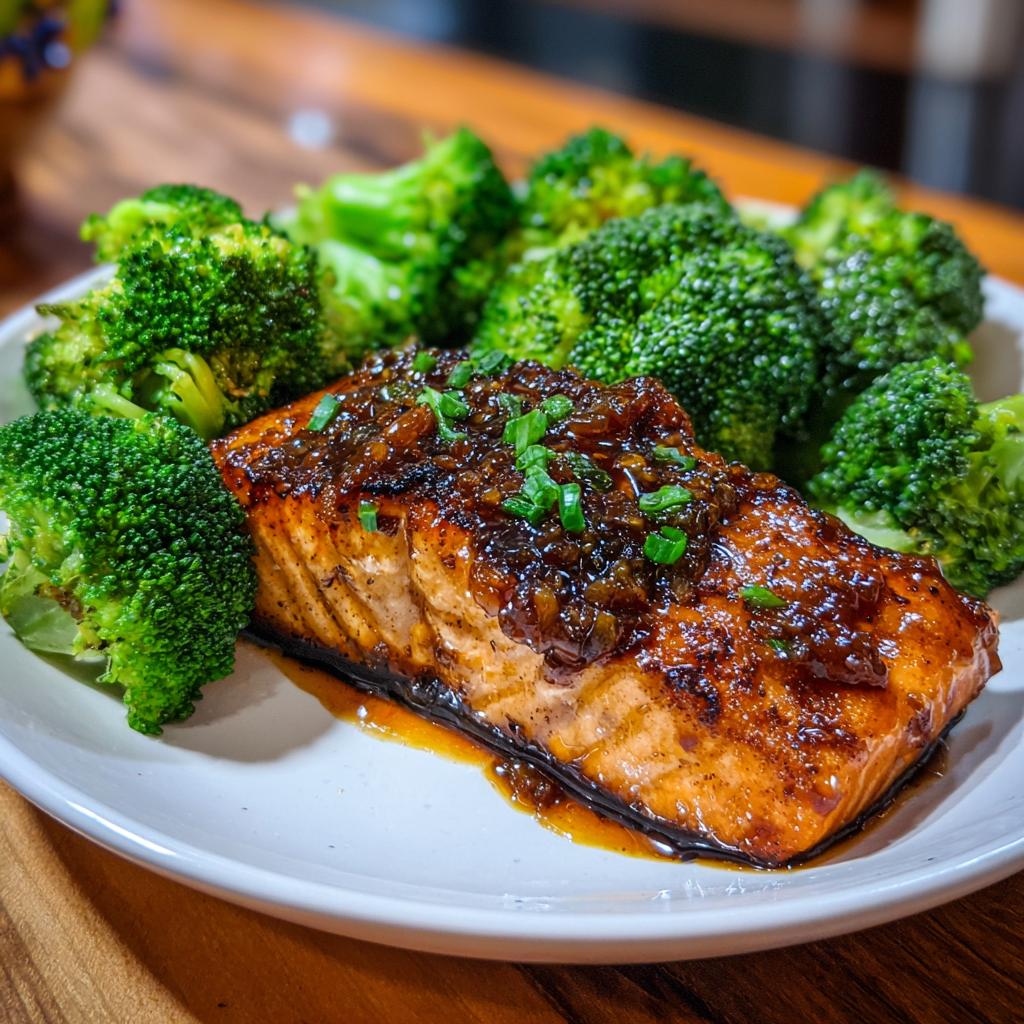 A perfectly cooked fillet of honey garlic salmon served with steamed broccoli florets on a white plate.