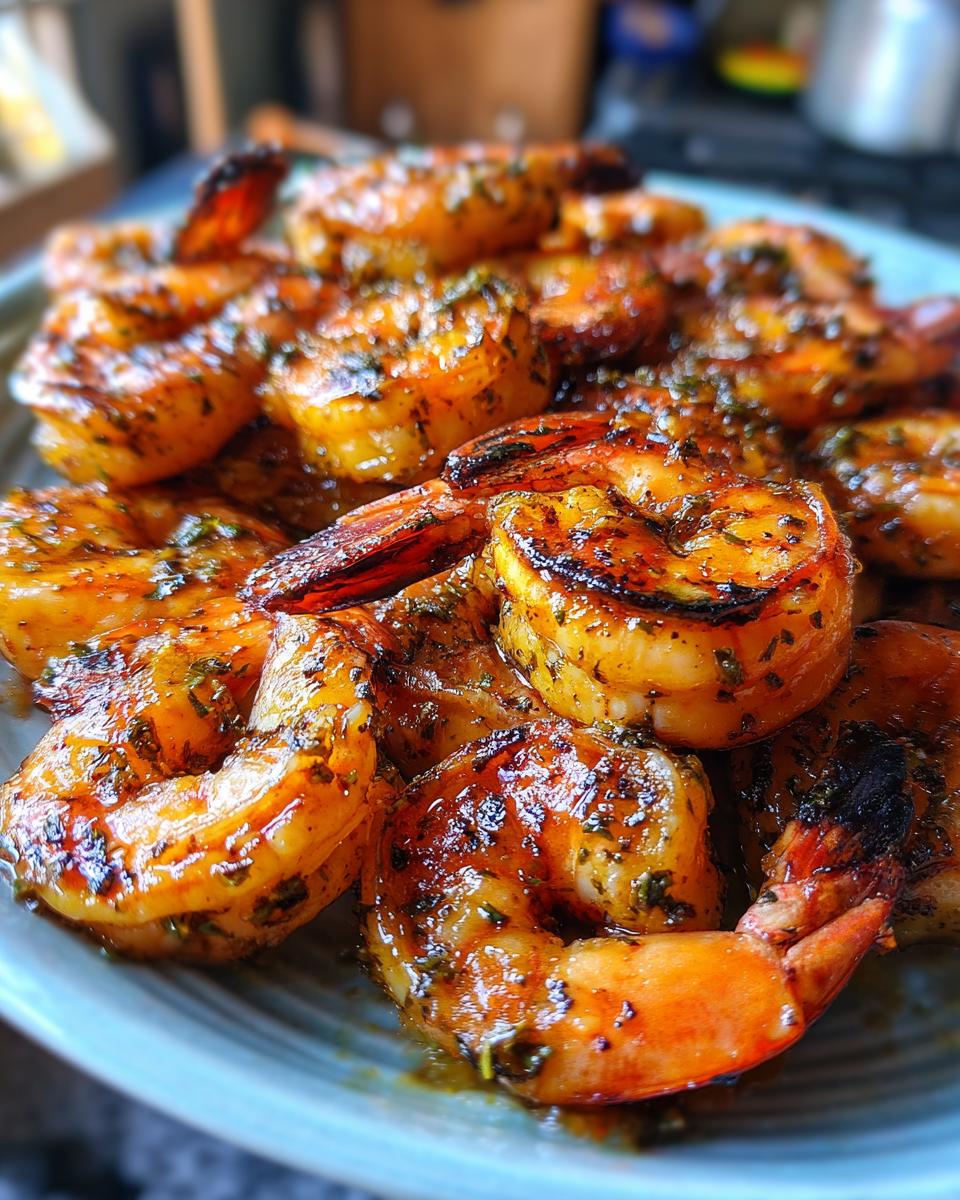 Close-up of a plate piled high with glistening grilled honey lime shrimp, seasoned with herbs.