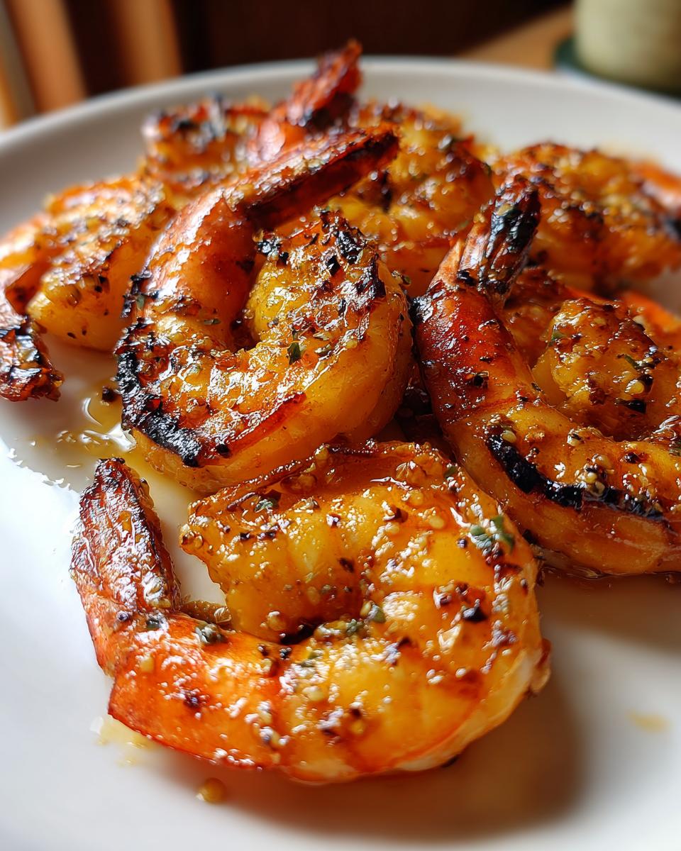 Close-up of juicy, grilled honey lime shrimp on a white plate, perfect for fast cookouts.