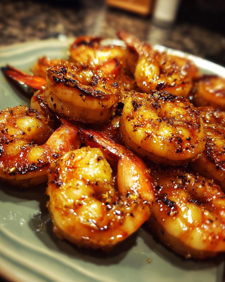 Close-up of grilled honey lime shrimp on a plate, glistening and seasoned.