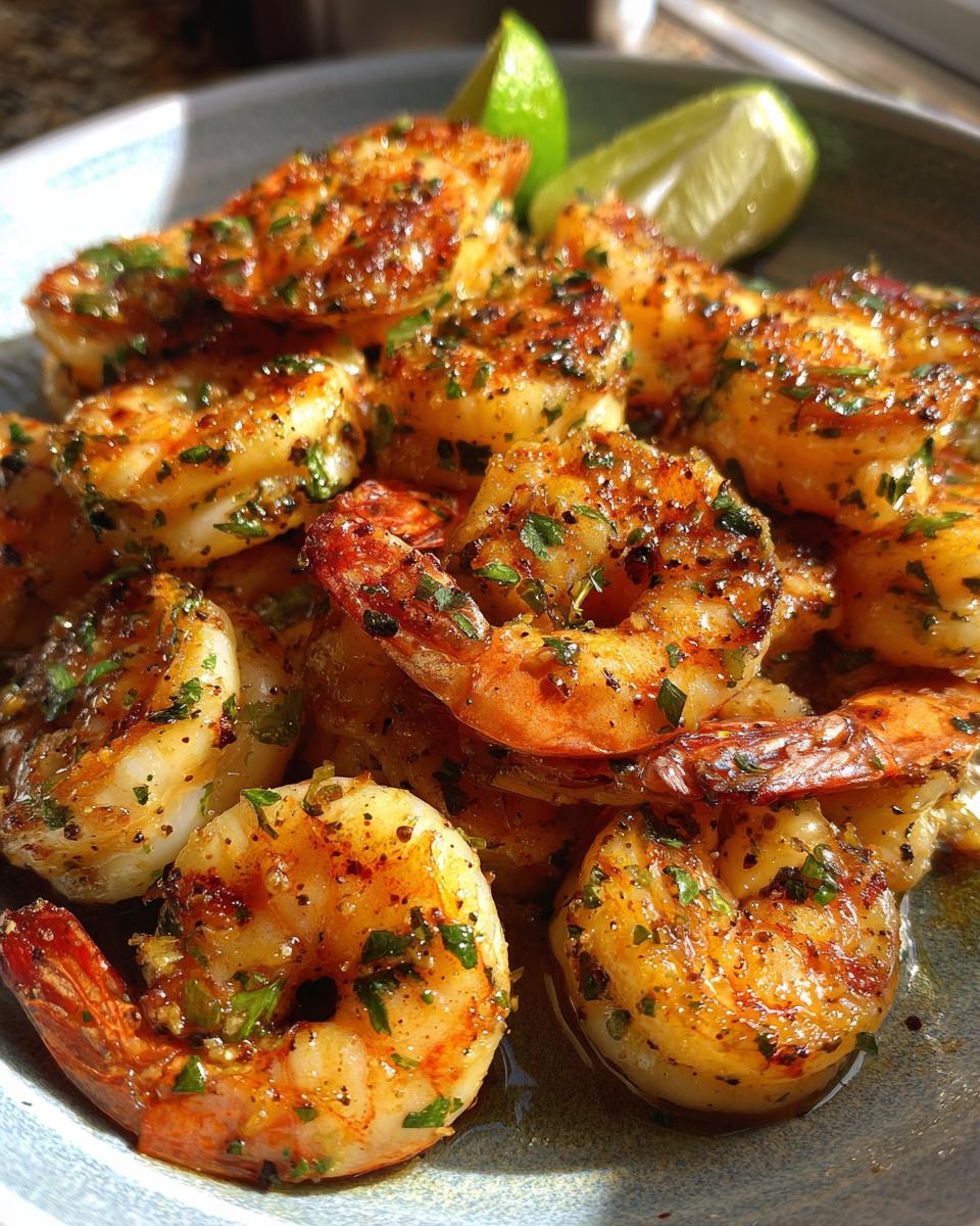 Close-up of grilled honey lime shrimp seasoned with herbs and spices, served with lime wedges.